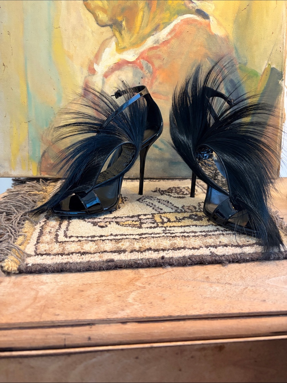 RARE! Saint Laurent Black Goat Fur Trim Patent Stiletto Sandals SZ 36.5